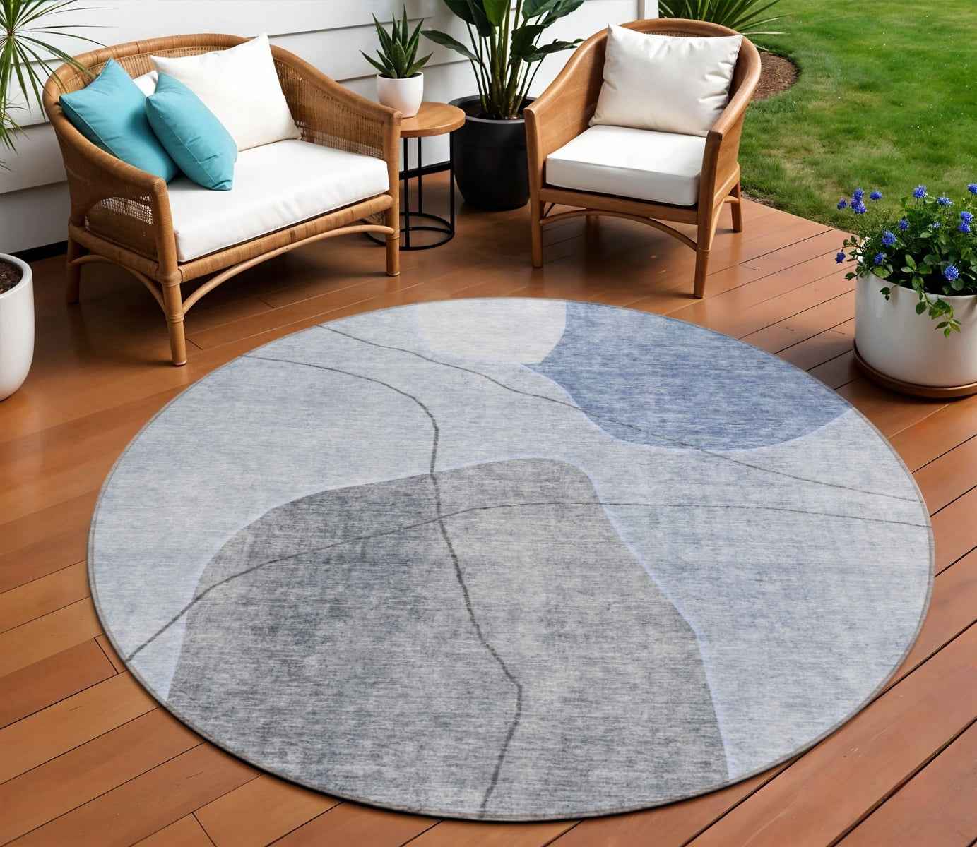 8' Denim Blue And Sky Blue Round Abstract Washable Indoor Outdoor Area Rug