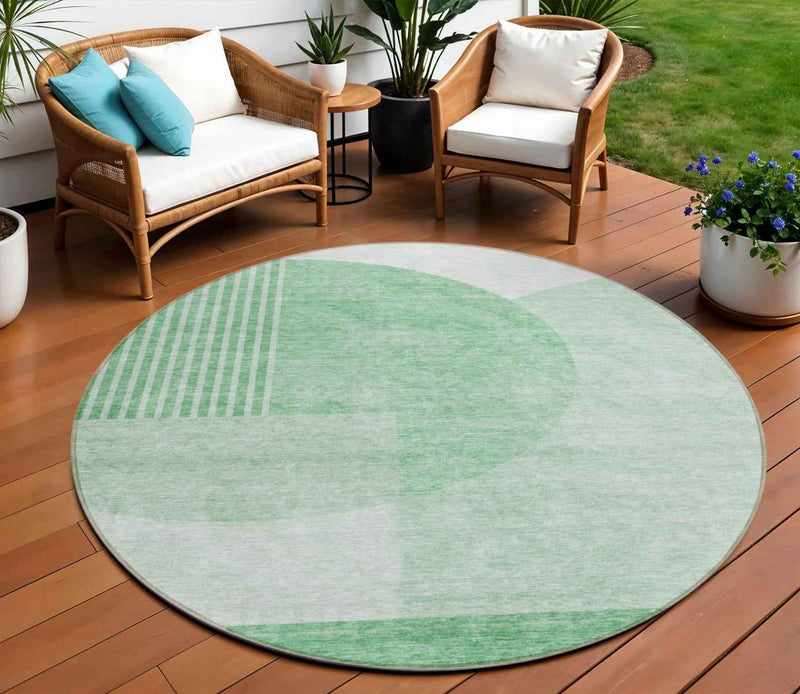 8' Green And Mint Green Round Geometric Washable Indoor Outdoor Area Rug