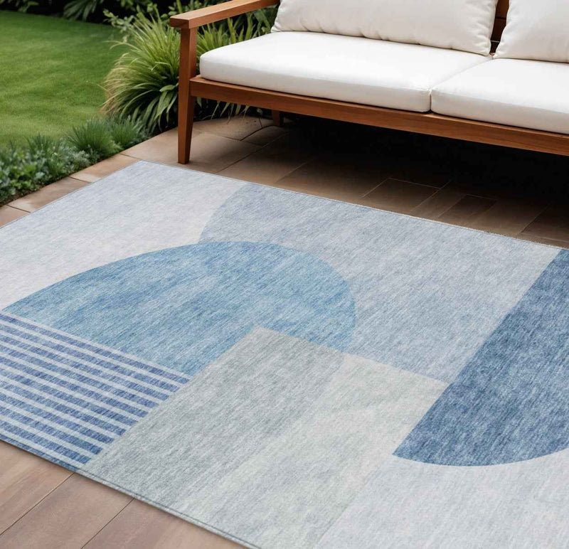 8' X 10' Navy Blue And Sky Blue Geometric Washable Indoor Outdoor Area Rug