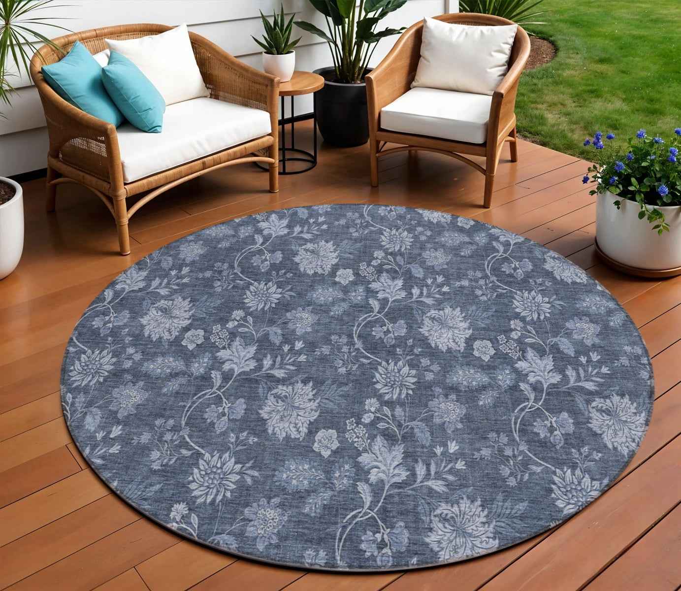 8' Denim Blue And Navy Blue Round Floral Washable Indoor Outdoor Area Rug