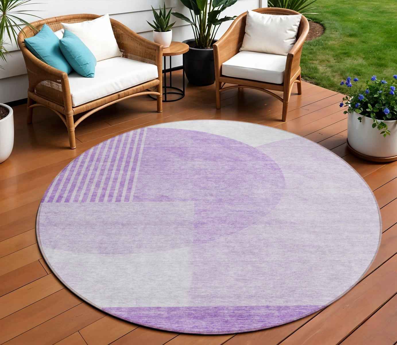 8' Purple And Lavender Round Geometric Washable Indoor Outdoor Area Rug