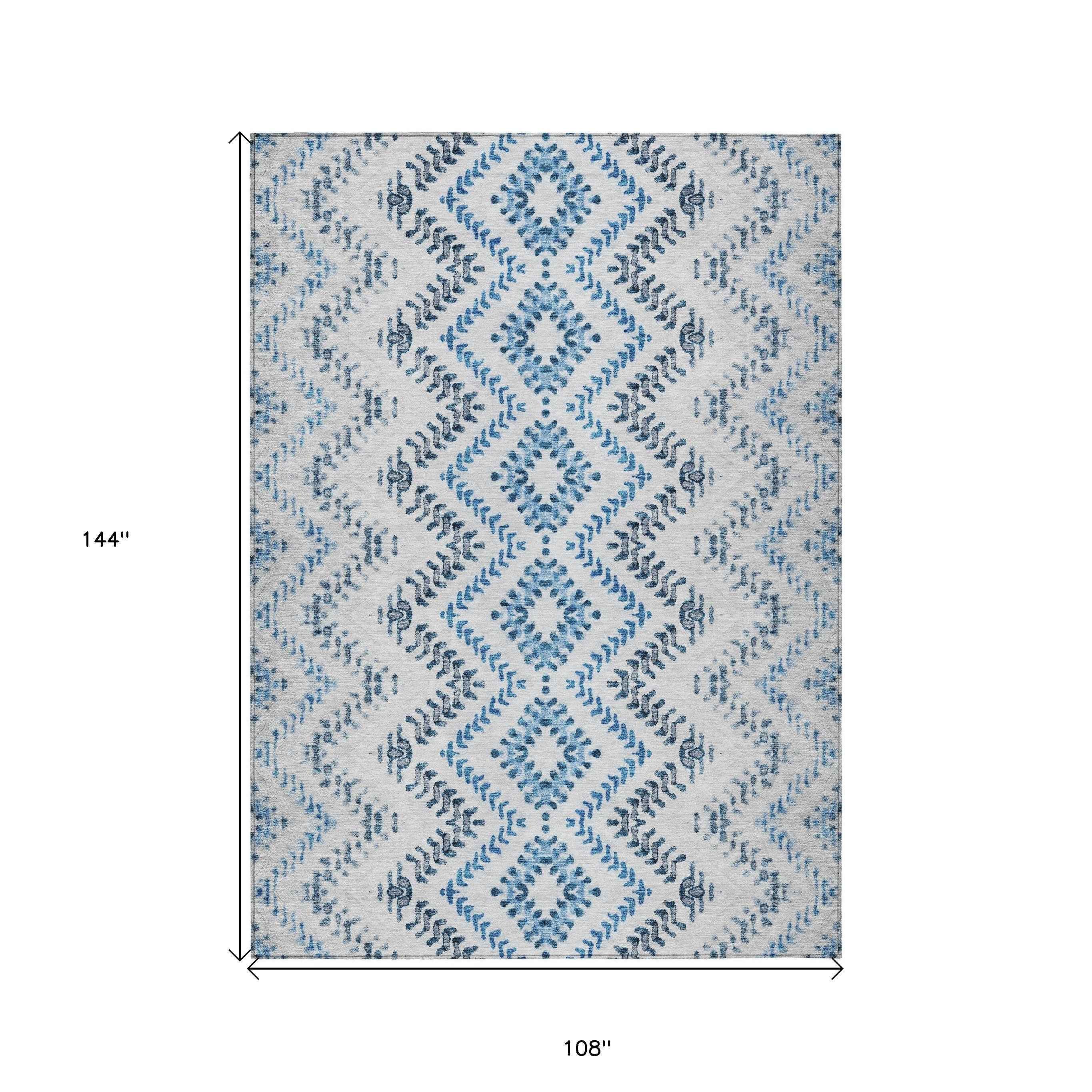 9' X 12' Navy Blue And Denim Blue Geometric Washable Indoor Outdoor Area Rug