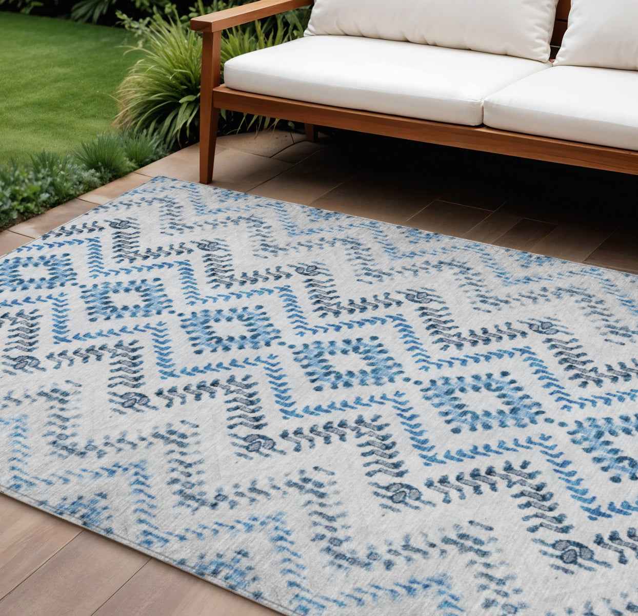 9' X 12' Navy Blue And Denim Blue Geometric Washable Indoor Outdoor Area Rug