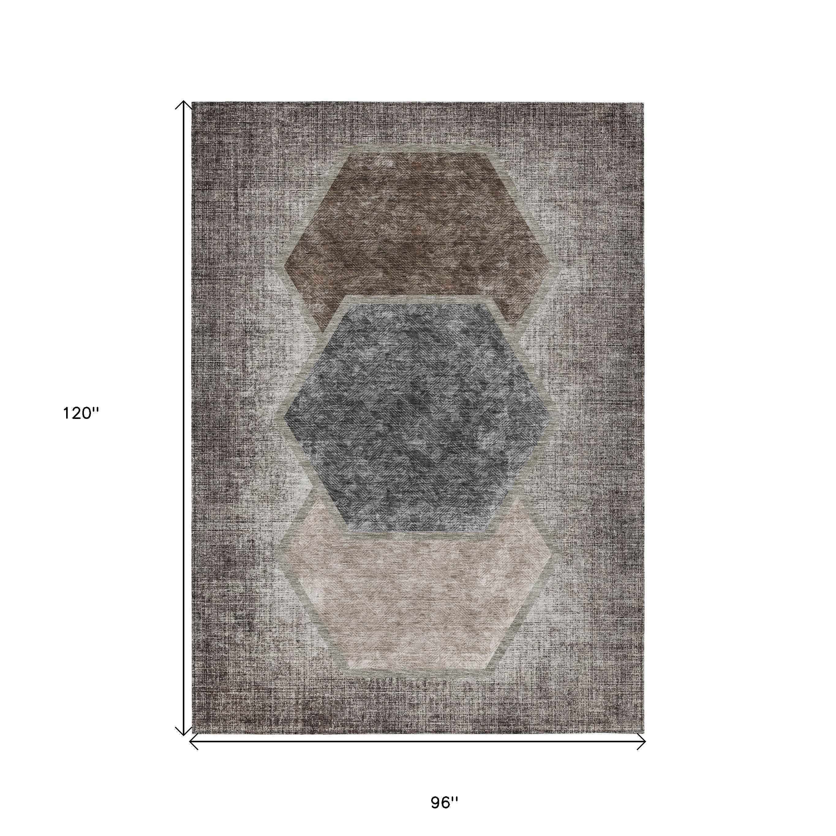 8' X 10' Chocolate And Taupe Geometric Washable Indoor Outdoor Area Rug