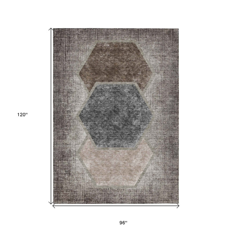 8' X 10' Chocolate And Taupe Geometric Washable Indoor Outdoor Area Rug