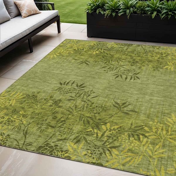 5' X 8' Olive Green And Fern Green Floral Washable Indoor Outdoor Area Rug