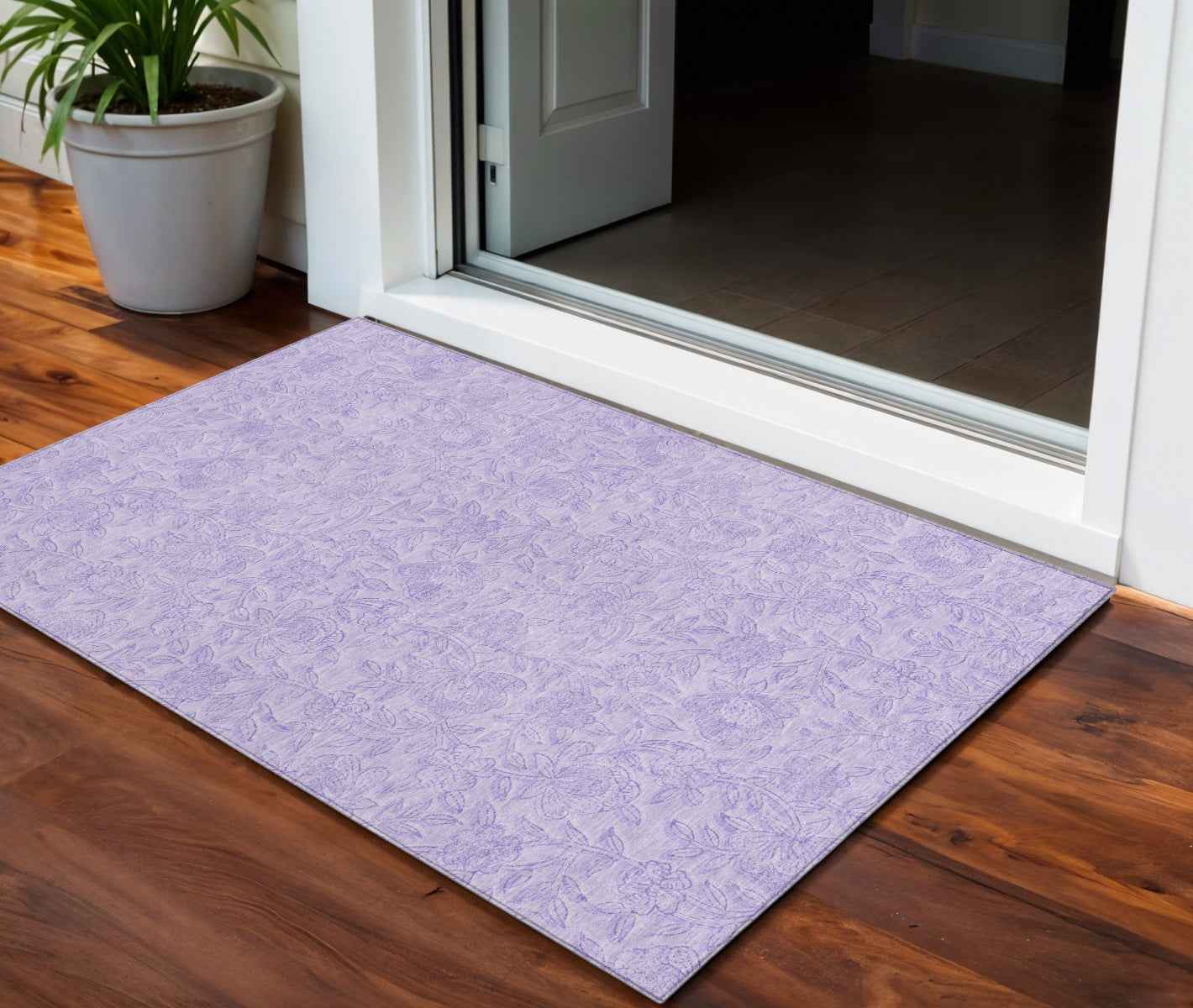 3' X 5' Lilac And Purple Floral Washable Indoor Outdoor Area Rug