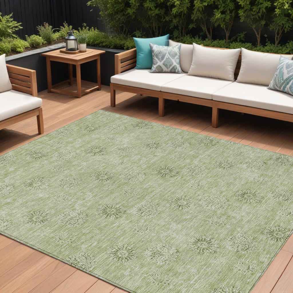 9' X 12' Sage And Artichoke Green Floral Washable Indoor Outdoor Area Rug