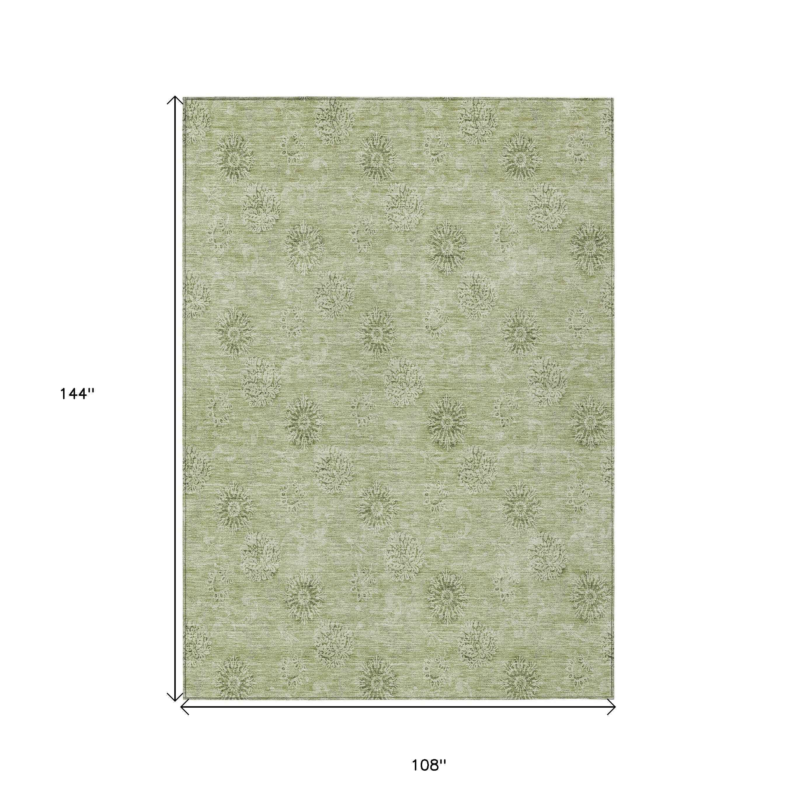 9' X 12' Sage And Artichoke Green Floral Washable Indoor Outdoor Area Rug