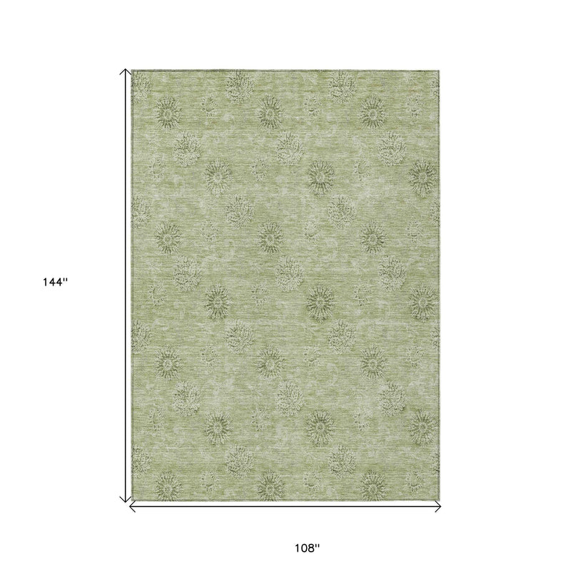 9' X 12' Sage And Artichoke Green Floral Washable Indoor Outdoor Area Rug