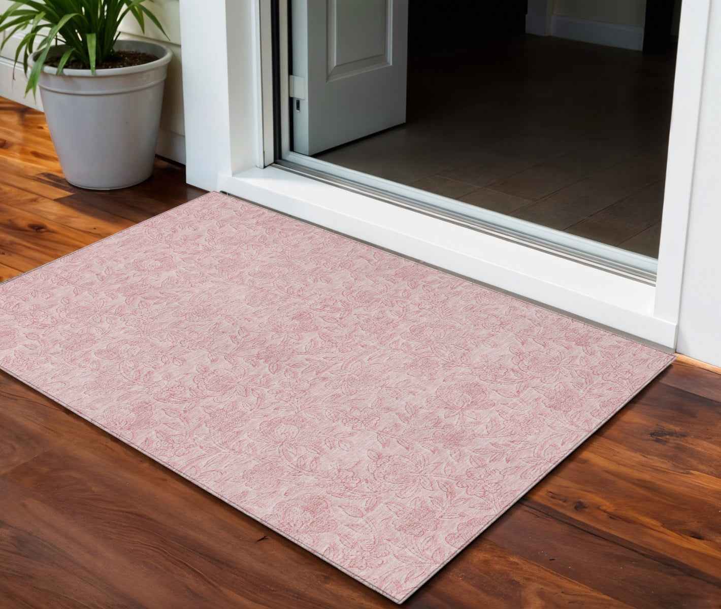 3' X 5' Pink And Red Floral Washable Indoor Outdoor Area Rug
