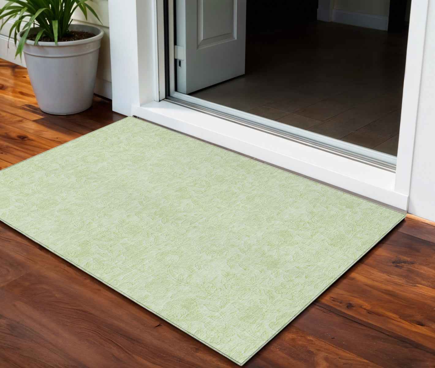 3' X 5' Artichoke Green And Mint Green Floral Washable Indoor Outdoor Area Rug