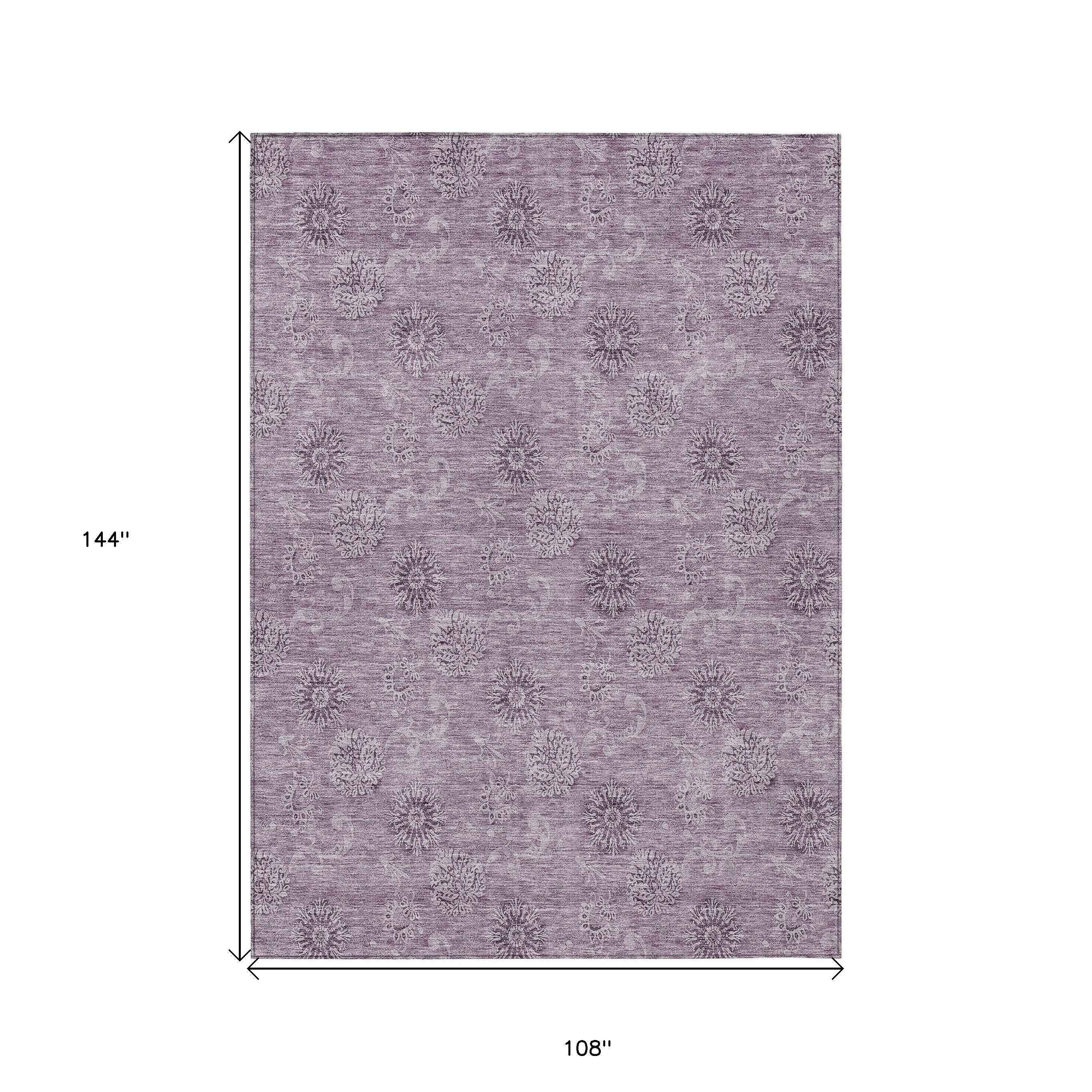 9' X 12' Plum And Purple Floral Washable Indoor Outdoor Area Rug