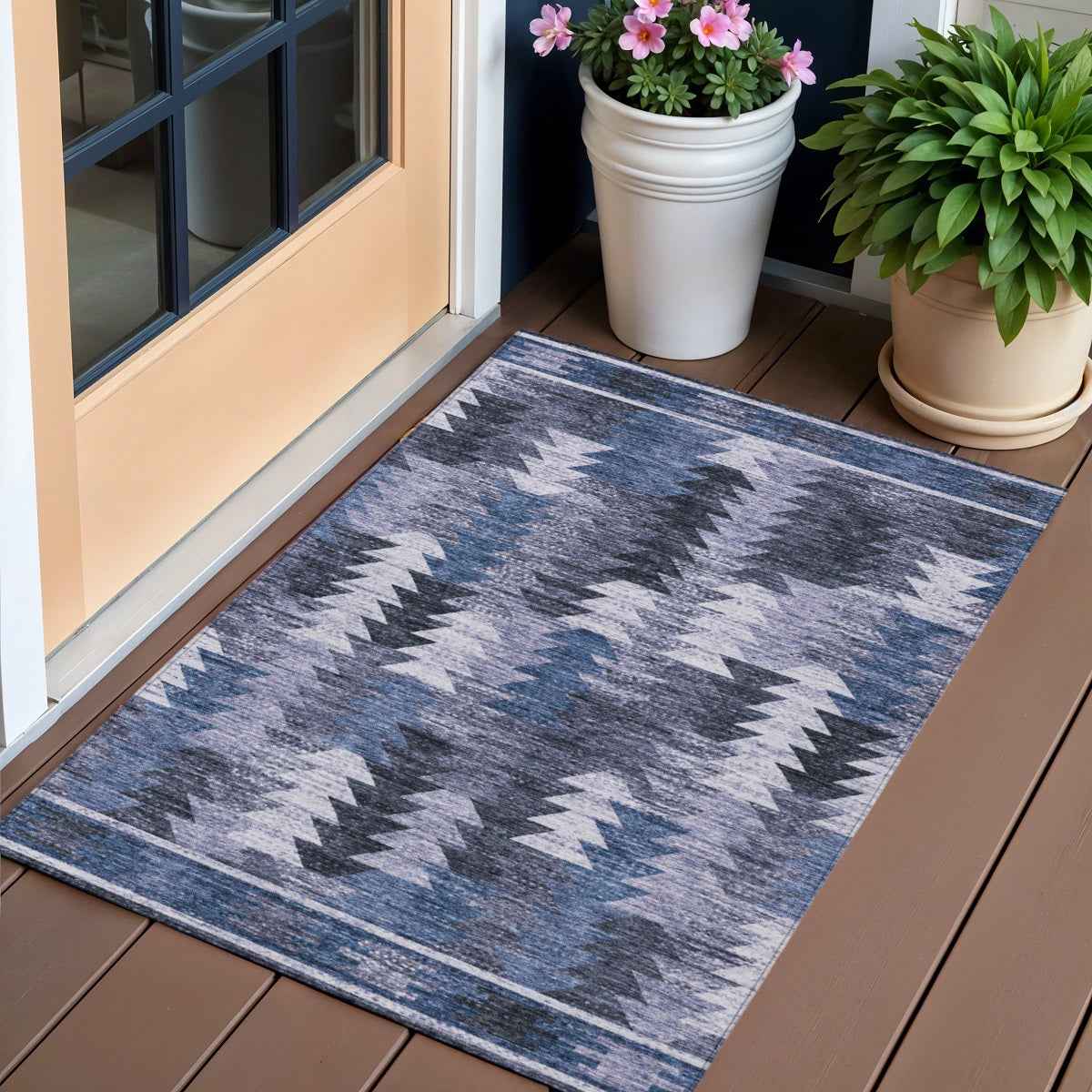 3' X 5' Navy Blue And Sky Blue Southwestern Washable Indoor Outdoor Area Rug