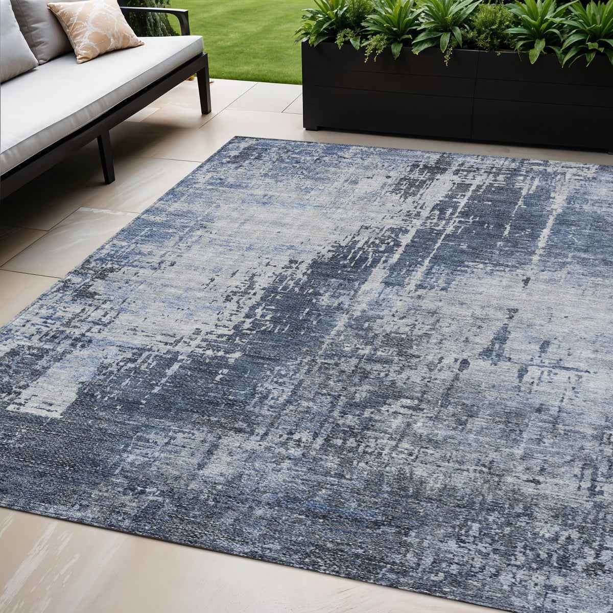 5' X 8' Navy Blue And Sky Blue Abstract Washable Indoor Outdoor Area Rug