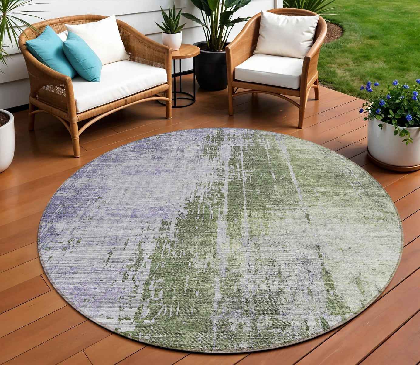 8' Olive Green And Purple Round Abstract Washable Indoor Outdoor Area Rug