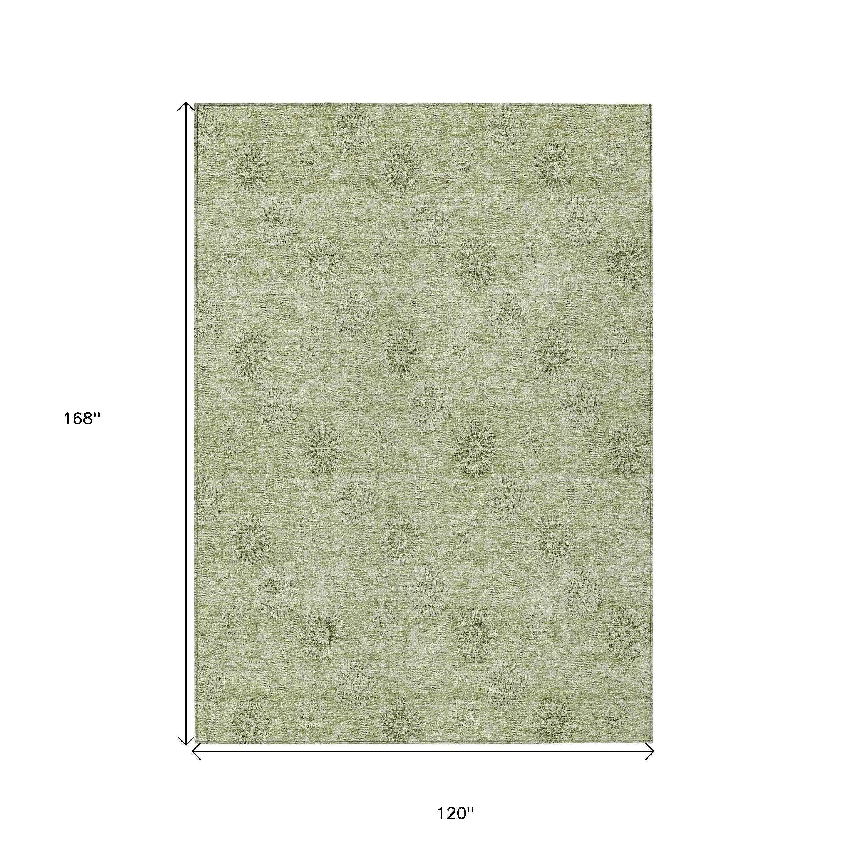 10' X 14' Sage And Artichoke Green Floral Washable Indoor Outdoor Area Rug