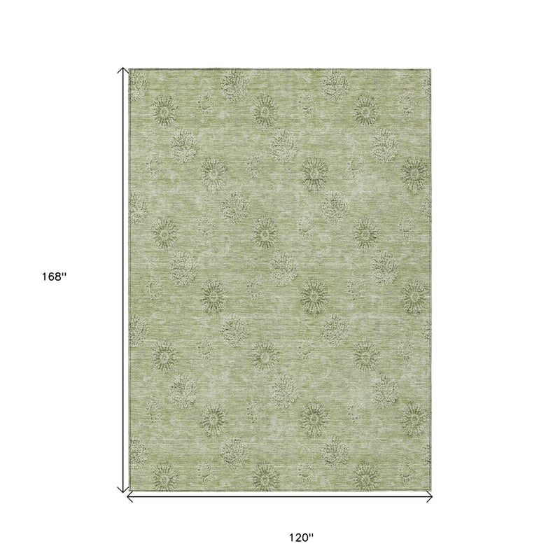 10' X 14' Sage And Artichoke Green Floral Washable Indoor Outdoor Area Rug