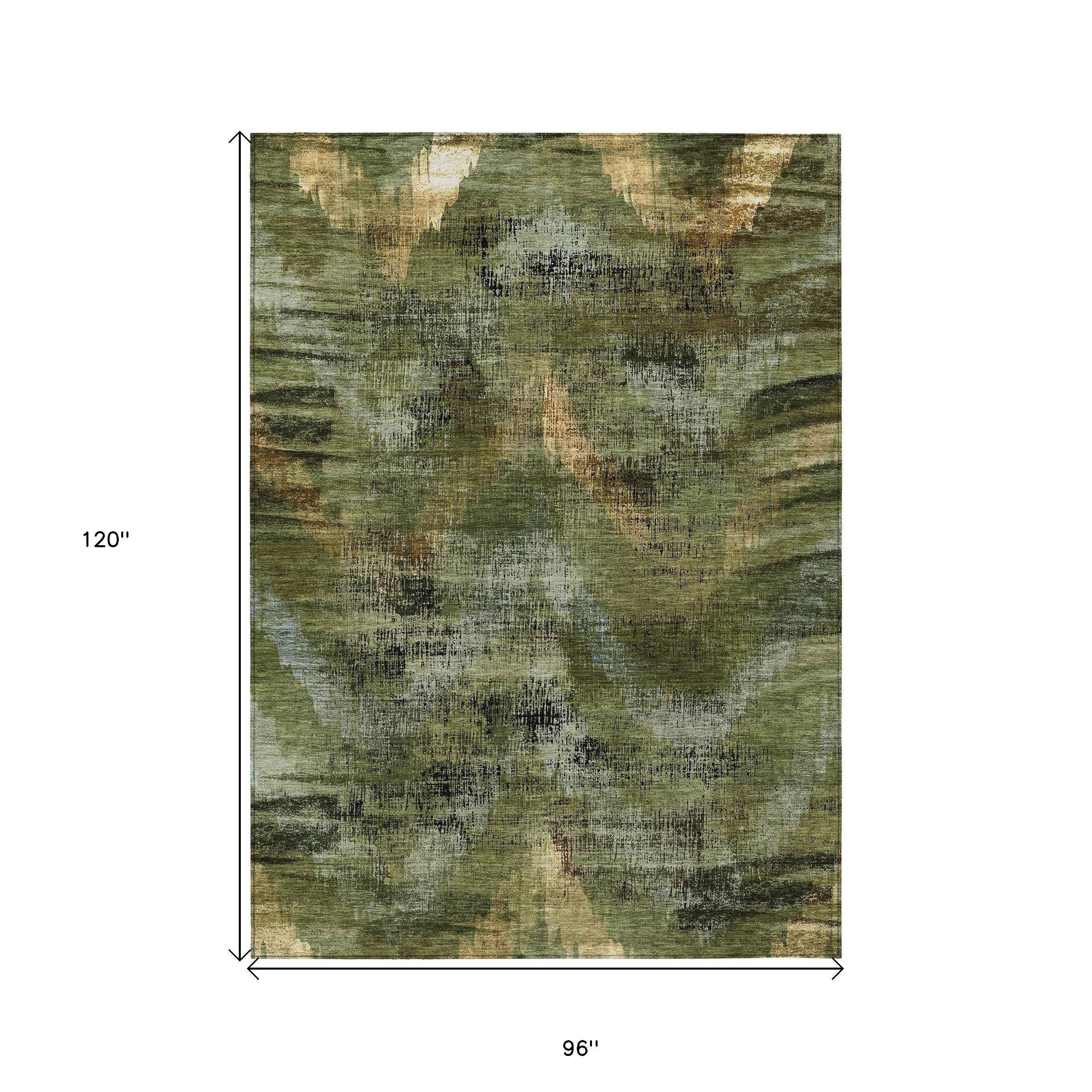 8' X 10' Olive Green And Gold Abstract Washable Indoor Outdoor Area Rug