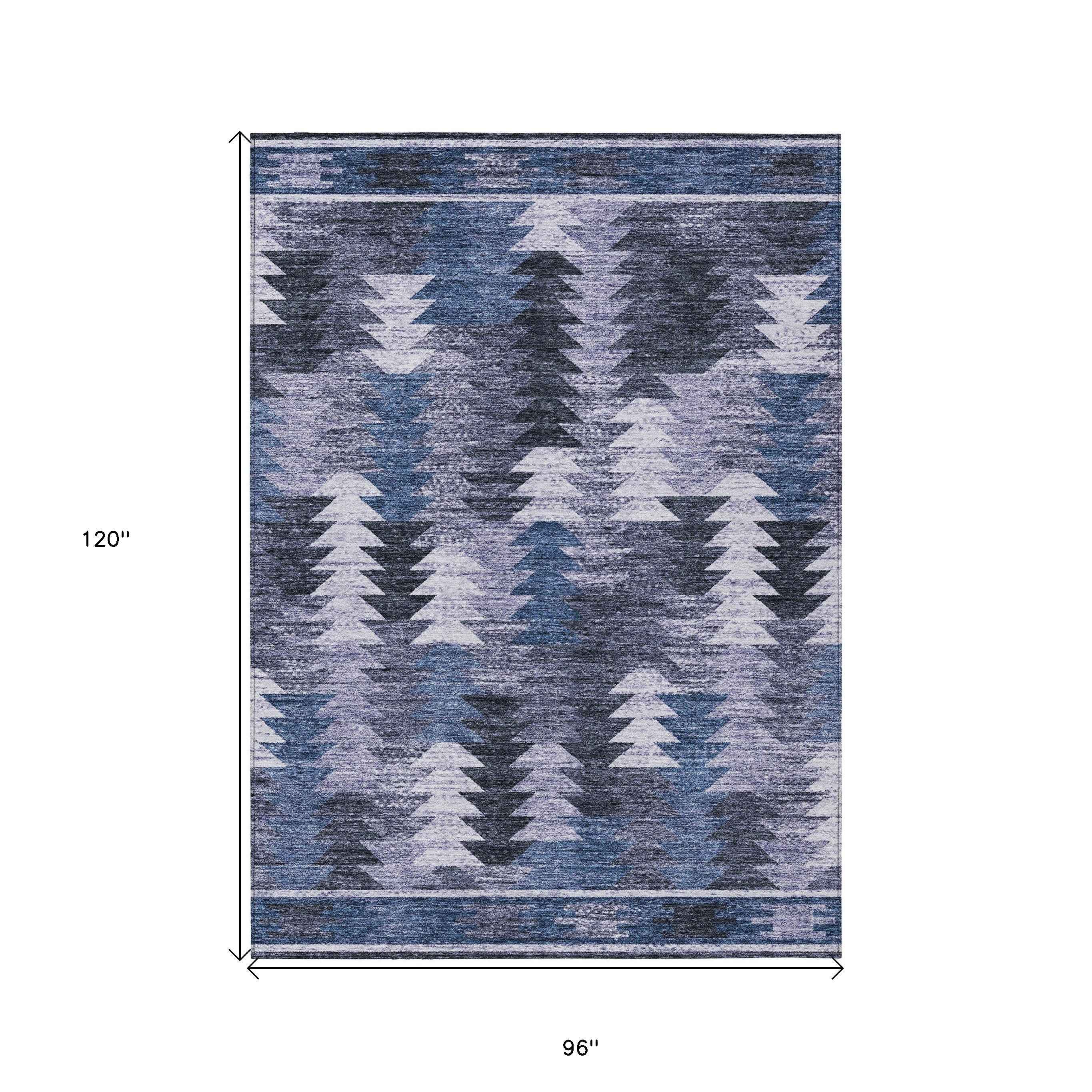 8' X 10' Navy Blue And Sky Blue Southwestern Washable Indoor Outdoor Area Rug