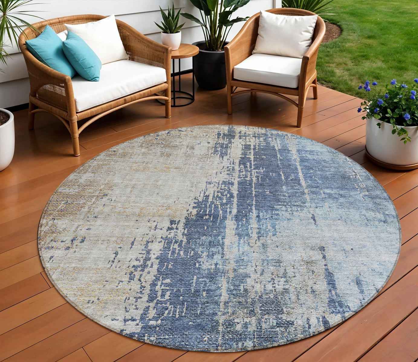 8' Navy Blue And Taupe Round Abstract Washable Indoor Outdoor Area Rug