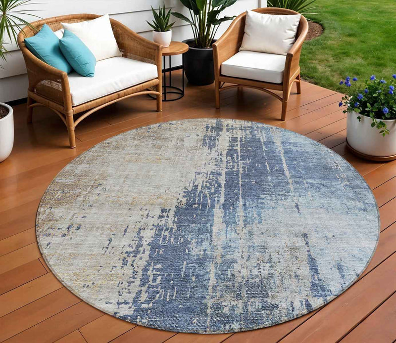 8' Navy Blue And Taupe Round Abstract Washable Indoor Outdoor Area Rug