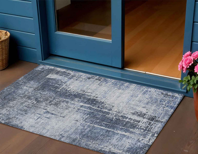 3' X 5' Navy Blue And Sky Blue Abstract Washable Indoor Outdoor Area Rug