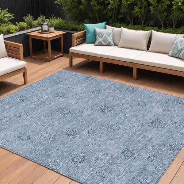 10' X 14' Sky Blue And Blue Floral Washable Indoor Outdoor Area Rug Default Title