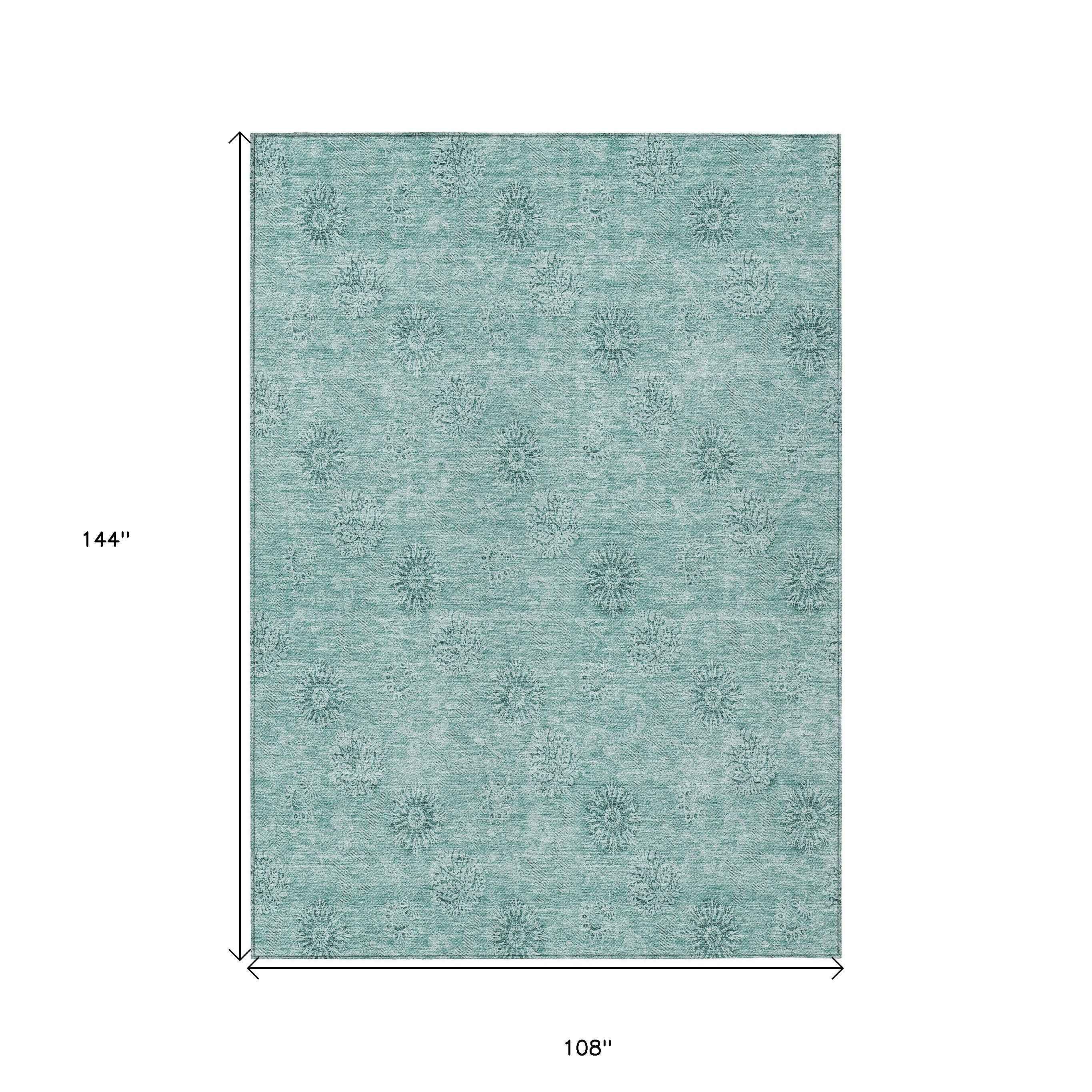 9' X 12' Teal Blue And Ivory Floral Washable Indoor Outdoor Area Rug