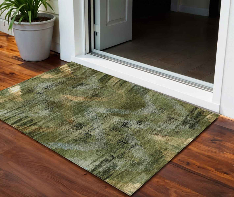 3' X 5' Olive Green And Gold Abstract Washable Indoor Outdoor Area Rug