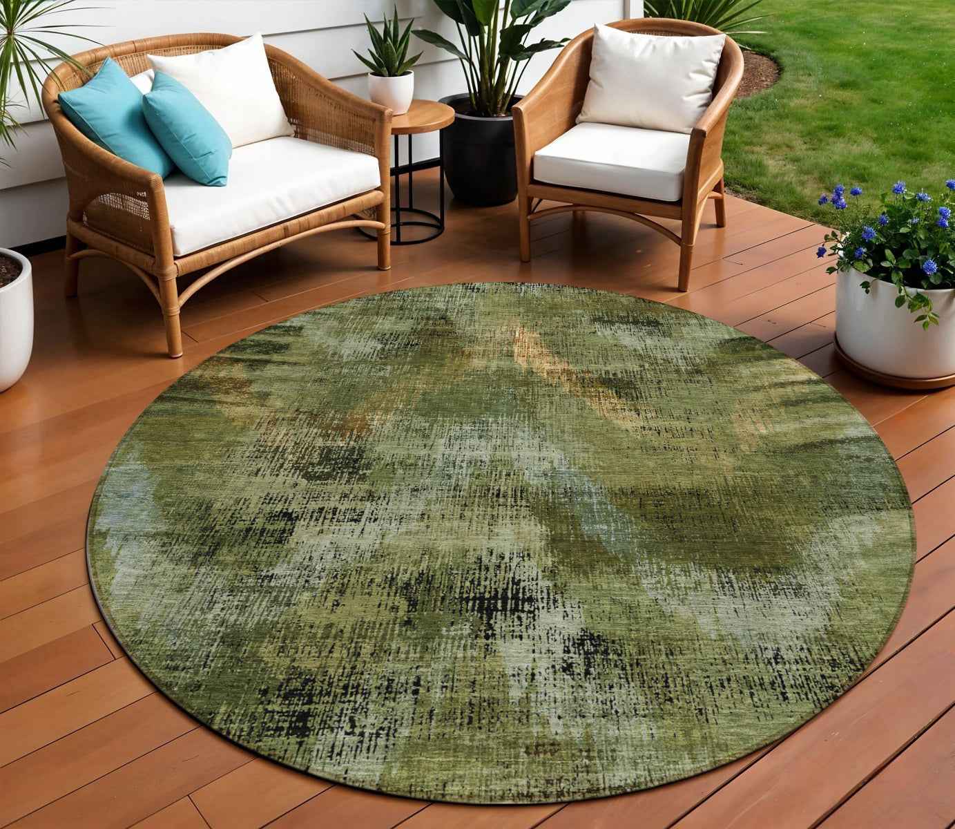 8' Olive Green And Gold Round Abstract Washable Indoor Outdoor Area Rug