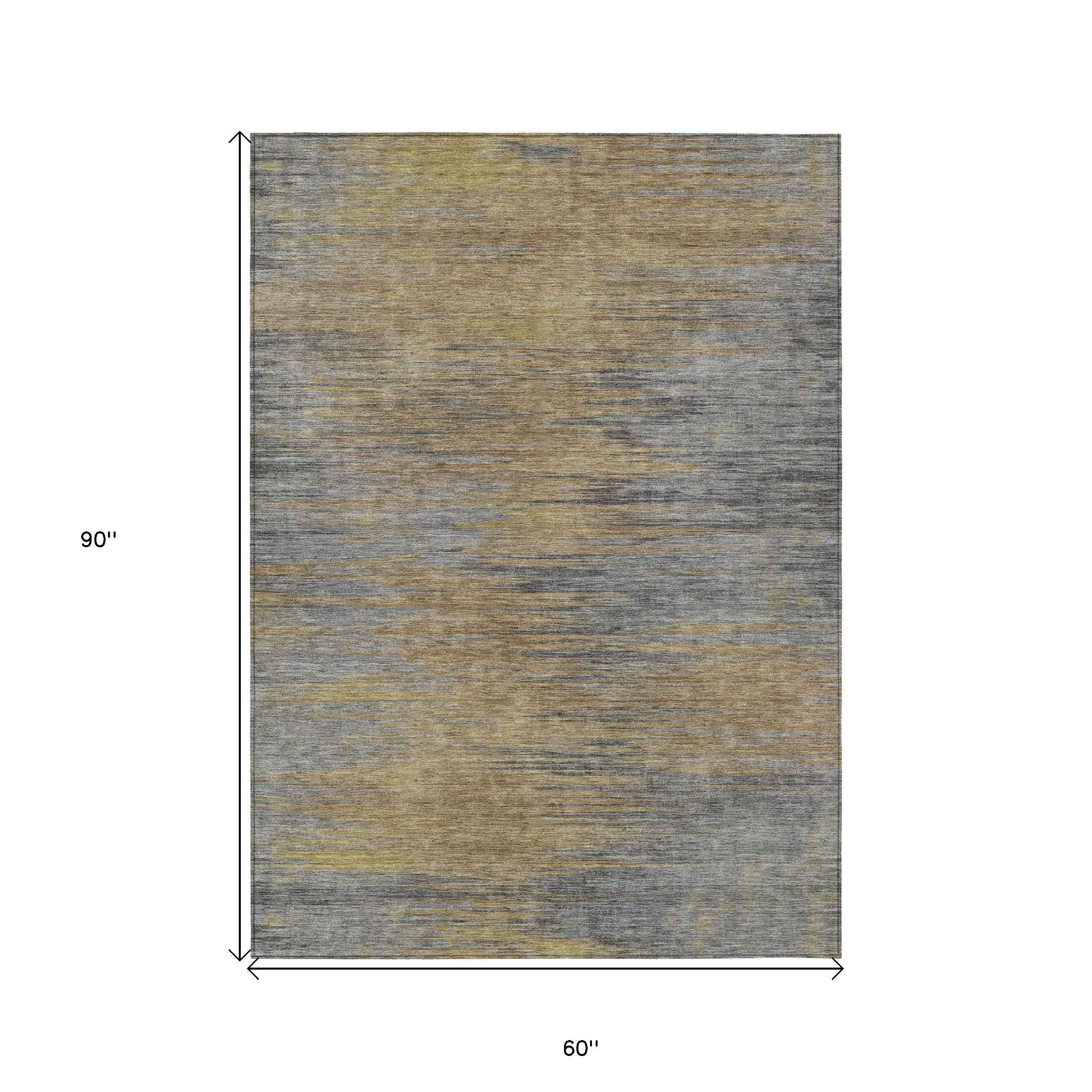 5' X 8' Brown Gold And Taupe Abstract Washable Indoor Outdoor Area Rug