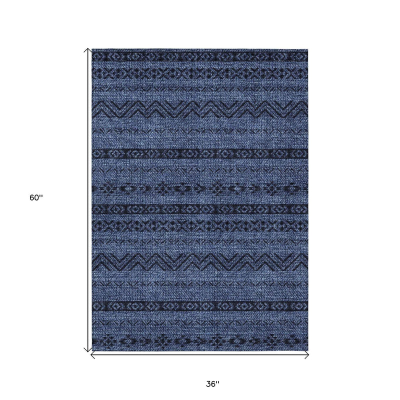3' X 5' Navy Blue And Black Southwestern Washable Indoor Outdoor Area Rug