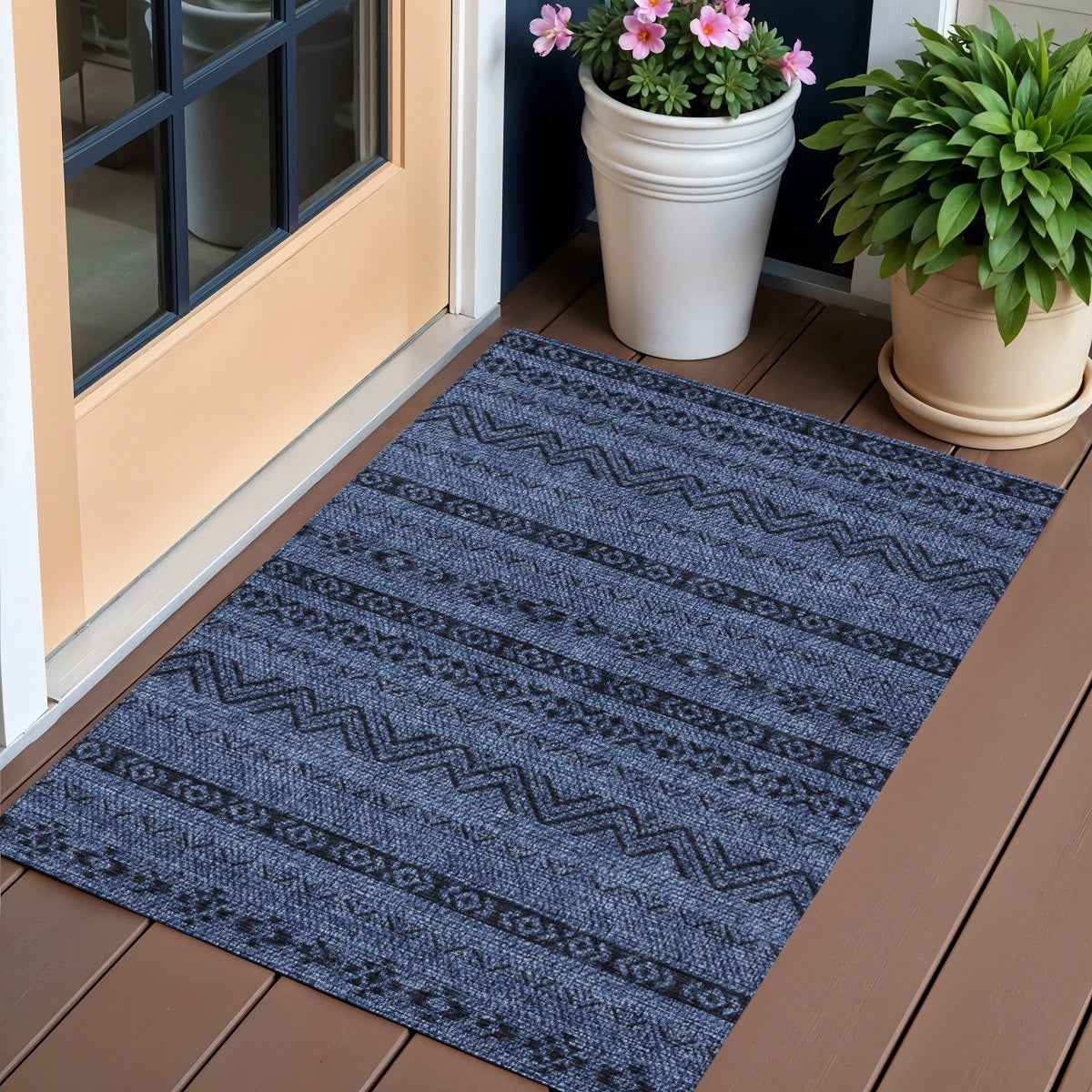 3' X 5' Navy Blue And Black Southwestern Washable Indoor Outdoor Area Rug