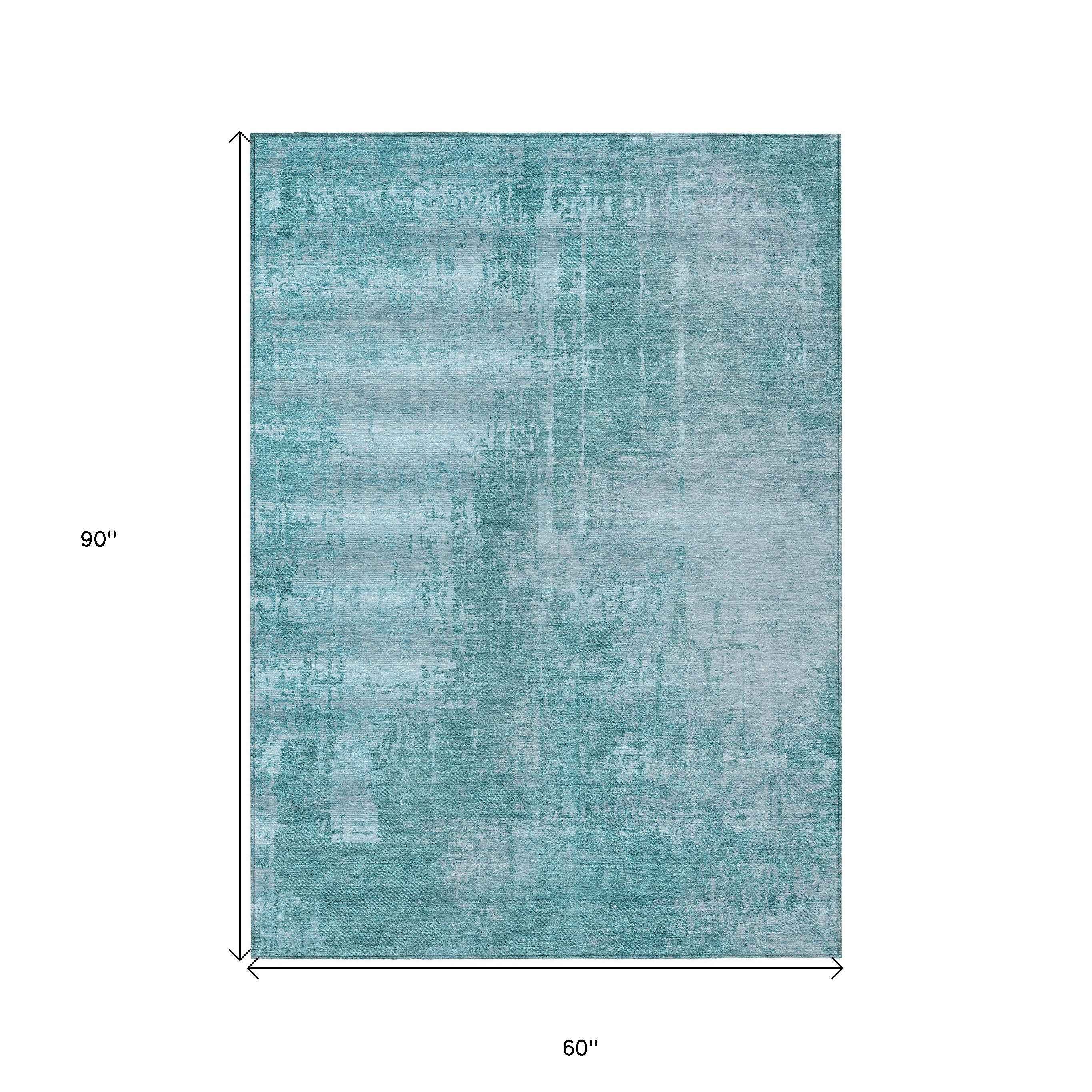 5' X 8' Aqua Teal Blue And Gray Abstract Washable Indoor Outdoor Area Rug