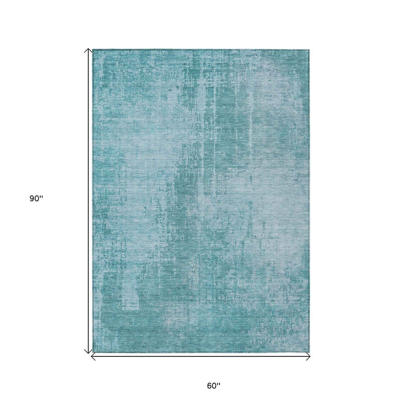 5' X 8' Aqua Teal Blue And Gray Abstract Washable Indoor Outdoor Area Rug