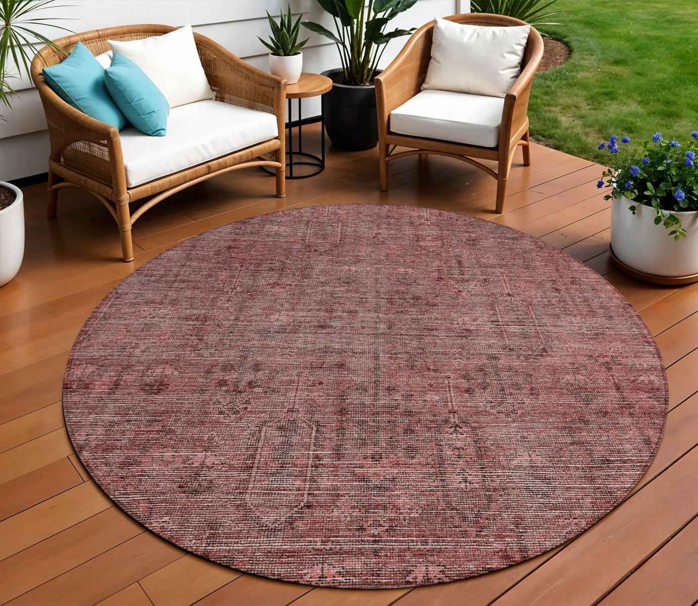 8' Orange And Copper Round Southwestern Washable Indoor Outdoor Area Rug