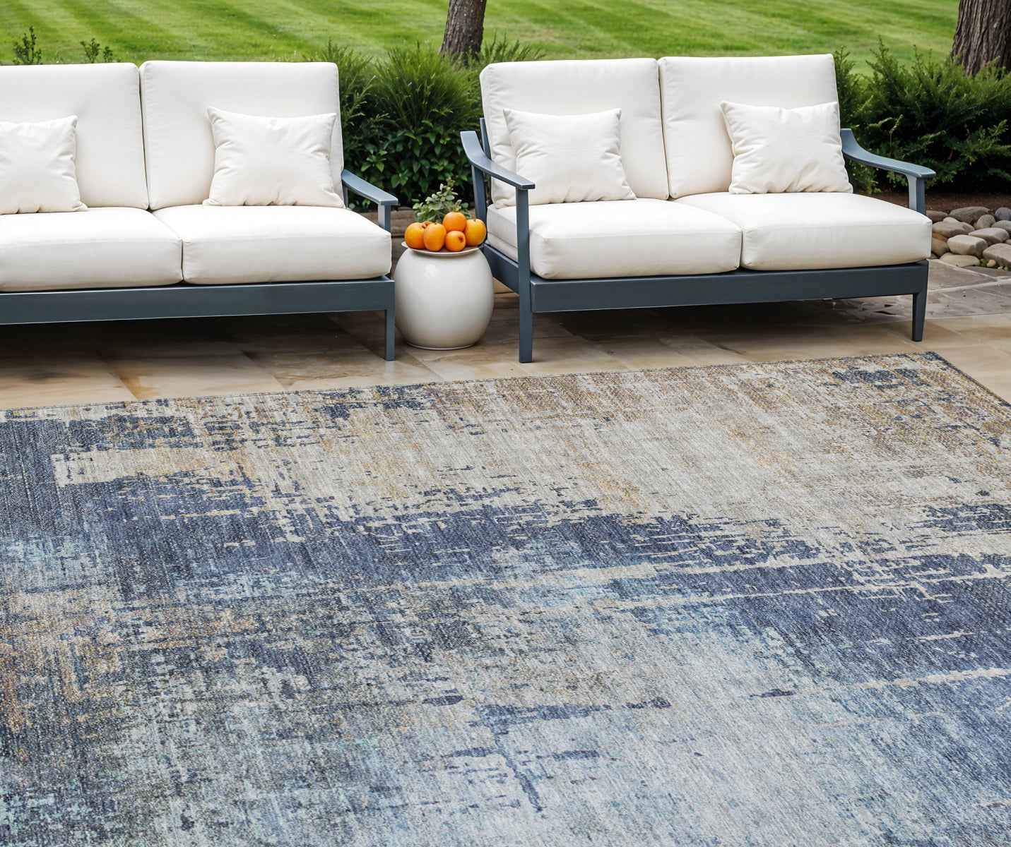 9' X 12' Navy Blue And Taupe Abstract Washable Indoor Outdoor Area Rug