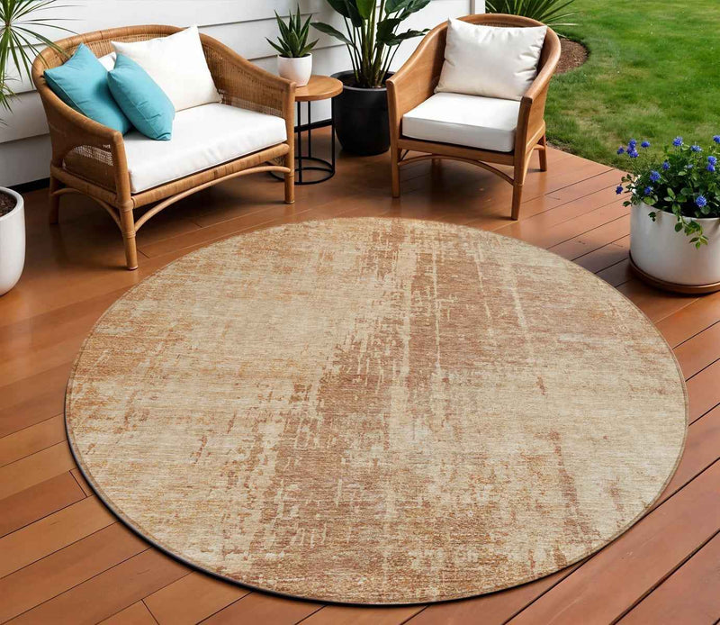 8' Terra Cotta And Copper Round Abstract Washable Indoor Outdoor Area Rug