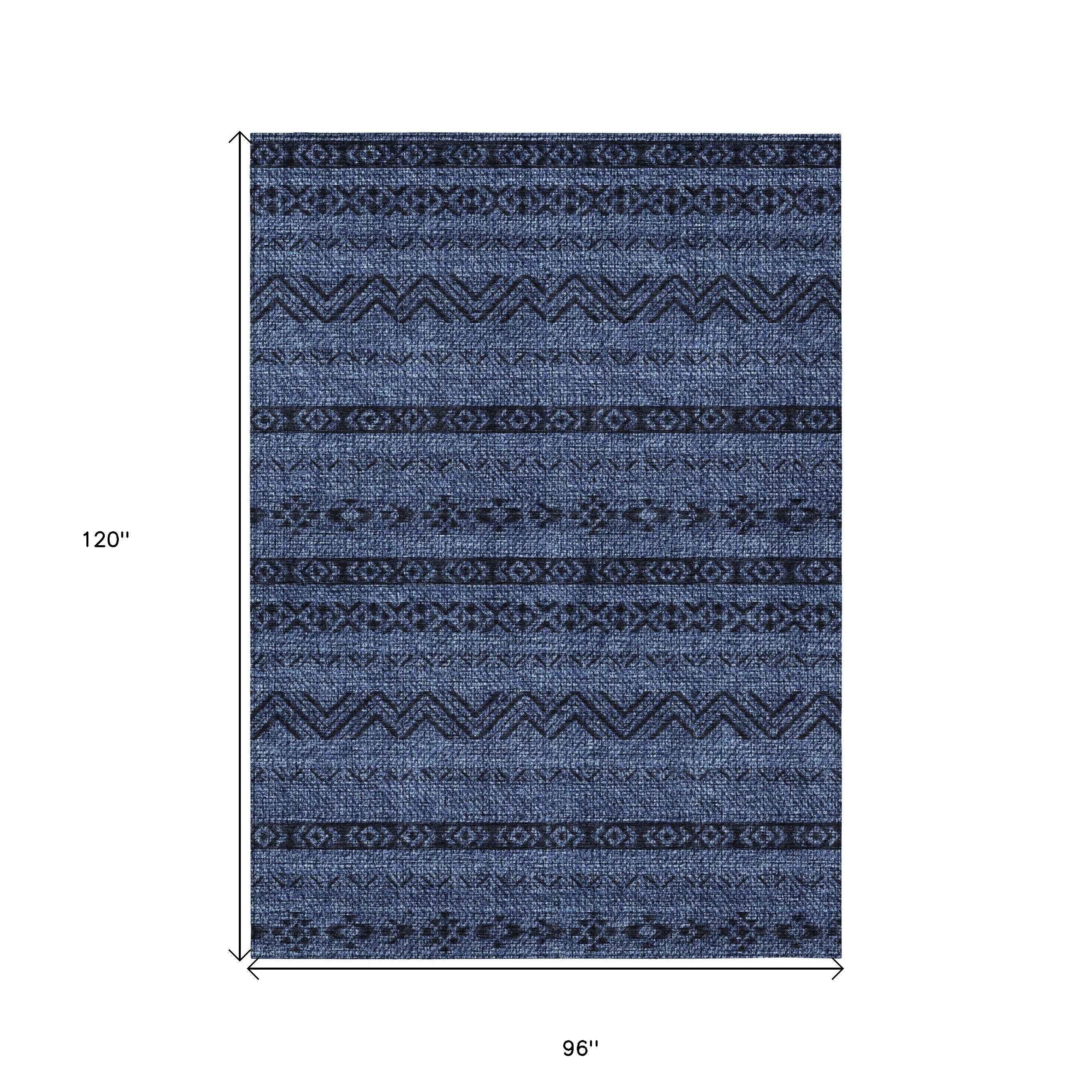 8' X 10' Navy Blue And Black Southwestern Washable Indoor Outdoor Area Rug