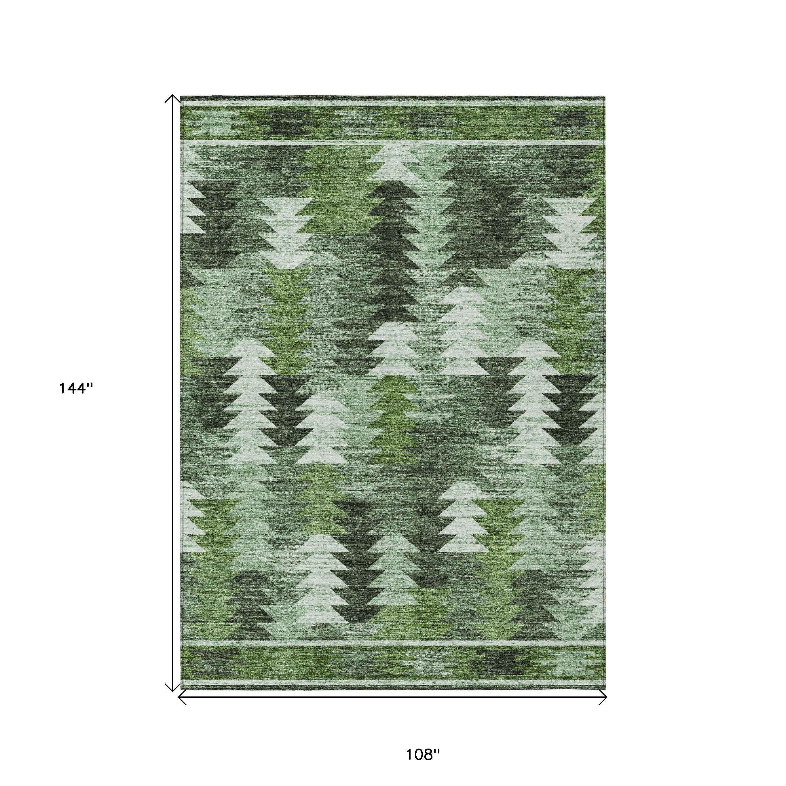 9' X 12' Olive Green And Fern Green Southwestern Washable Indoor Outdoor Area Rug