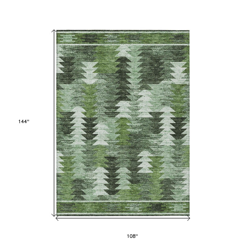 9' X 12' Olive Green And Fern Green Southwestern Washable Indoor Outdoor Area Rug