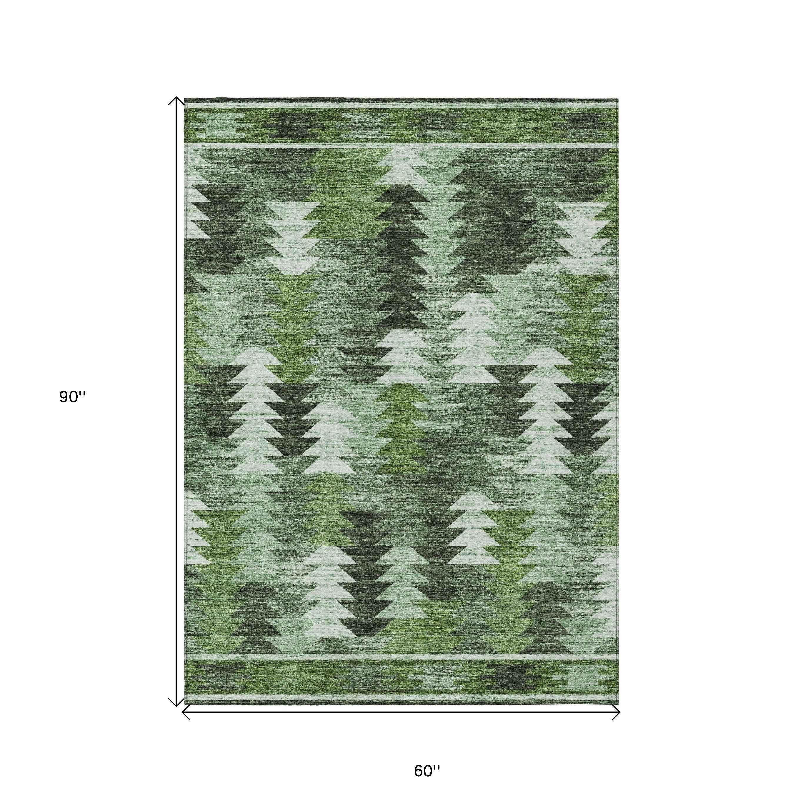5' X 8' Olive Green And Fern Green Southwestern Washable Indoor Outdoor Area Rug