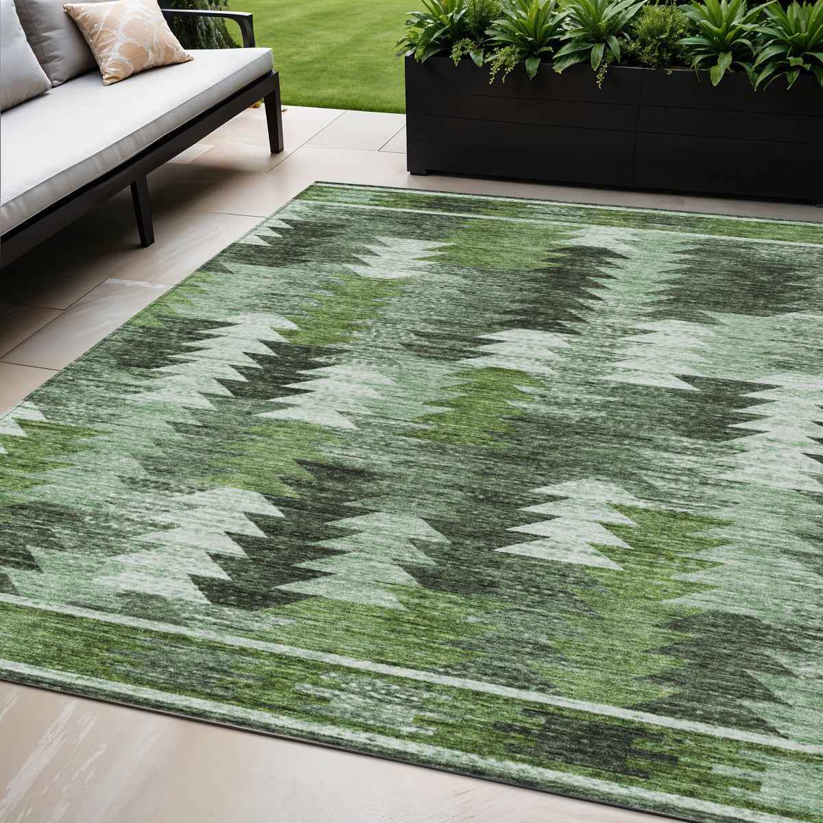 5' X 8' Olive Green And Fern Green Southwestern Washable Indoor Outdoor Area Rug