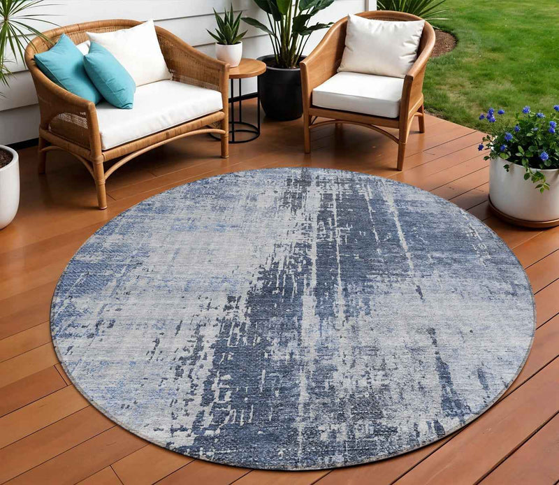 8' Navy Blue And Sky Blue Round Abstract Washable Indoor Outdoor Area Rug