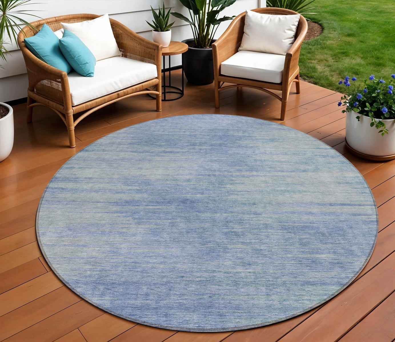 8' Denim Blue And Sky Blue Round Abstract Washable Indoor Outdoor Area Rug