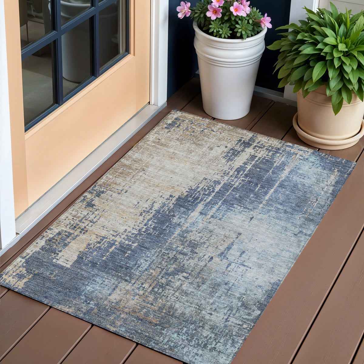 3' X 5' Navy Blue And Taupe Abstract Washable Indoor Outdoor Area Rug