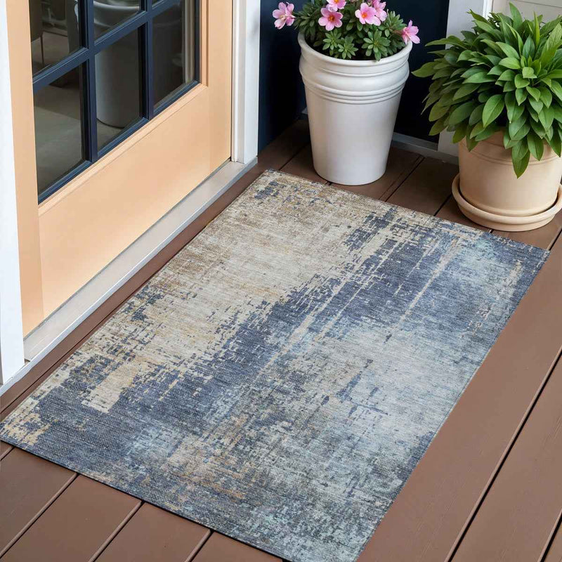 3' X 5' Navy Blue And Taupe Abstract Washable Indoor Outdoor Area Rug