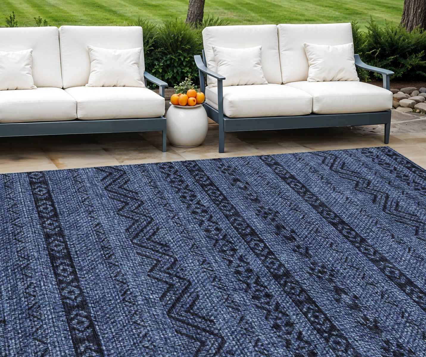9' X 12' Navy Blue And Black Southwestern Washable Indoor Outdoor Area Rug
