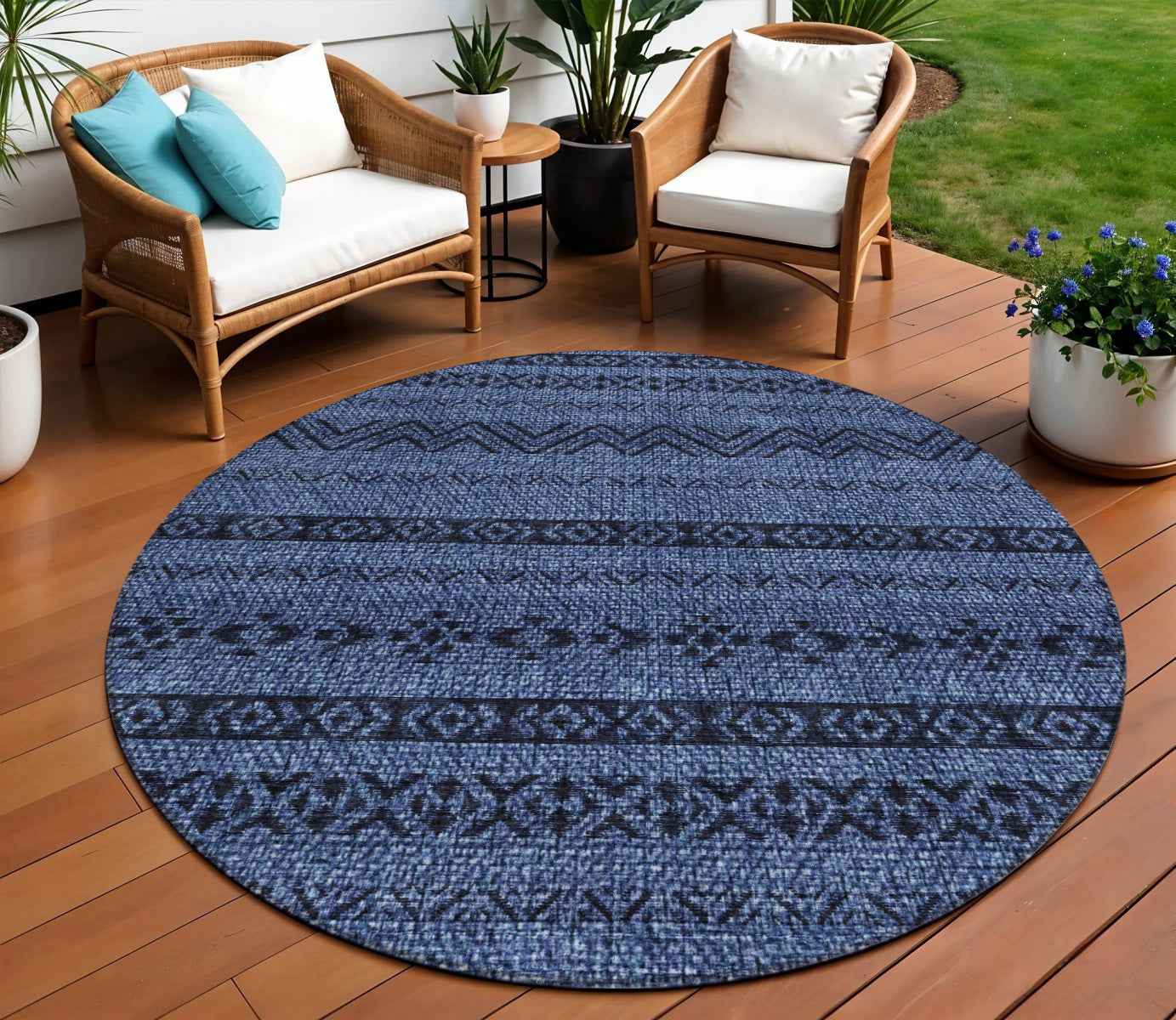 8' Navy Blue And Black Round Southwestern Washable Indoor Outdoor Area Rug